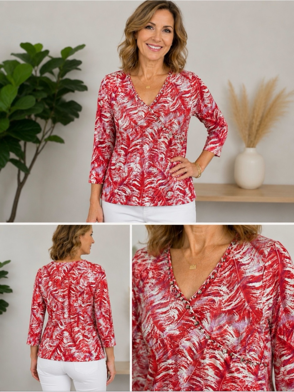 Hearts of Palm Red Abstract Print Top Size Medium 3/4 Sleeve Stretch Knit